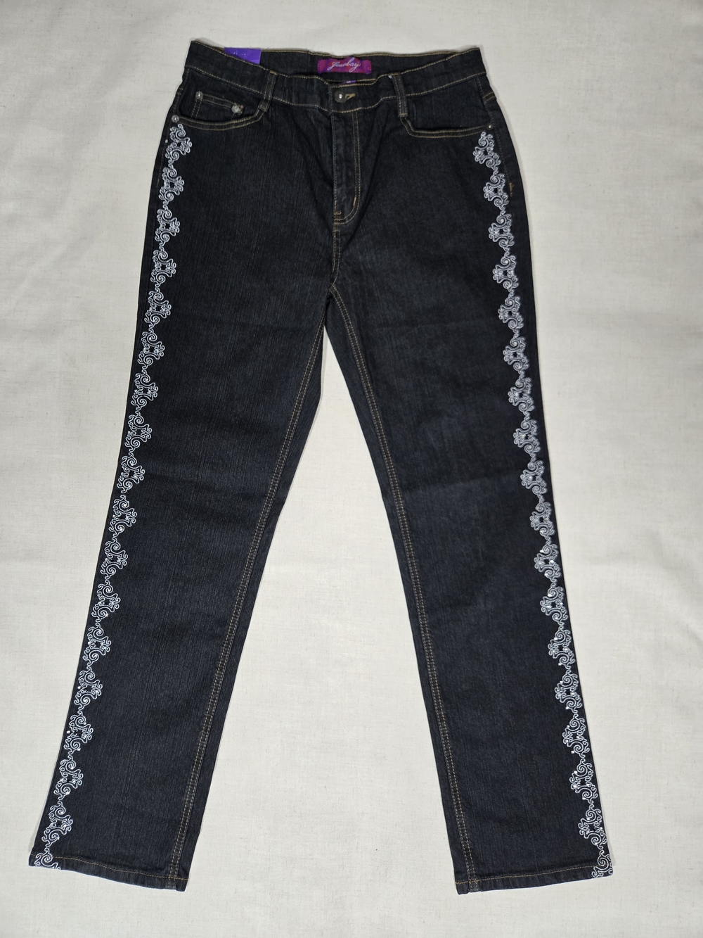 Embroidered Rhinestone Side-Stripe Straight Leg Y2K Jeans - Black